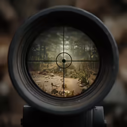 a scope in front of a forest and some bushes