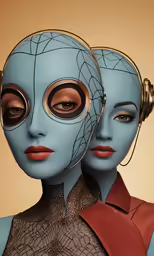 two blue face shapes with faces drawn to them