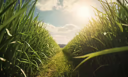 a lush green grass field with bright sun light