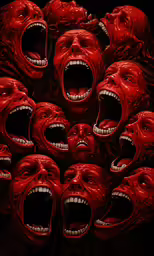 many red horror faces are shown with their mouths open