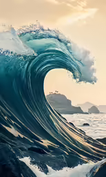 an ocean wave with the sun coming down and one wave in the foreground