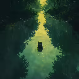 a cat is sitting in a green river surrounded by trees