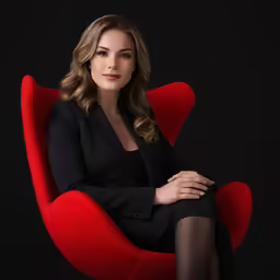 a woman is posing on a red chair