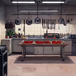 an open kitchen with several pots and pans hanging