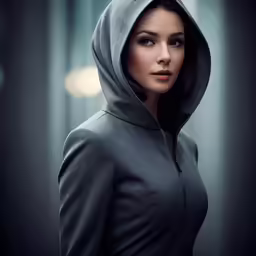a woman in a hooded jacket poses for a picture