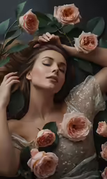 a woman laying in the grass among pink roses
