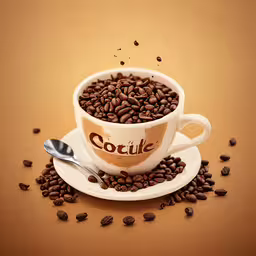 a coffee cup filled with beans is on a saucer,coffee with beans on a saucer and spoon in a cup