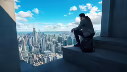 a person is sitting on a ledge looking at the city