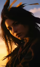an attractive woman with long hair looking at the camera