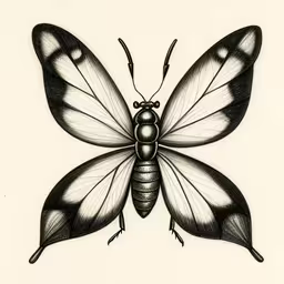 a drawing of a butterfly with a long tail and black wings,a drawing of a black and white butterfly
