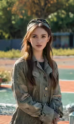 a beautiful young woman wearing a hat while standing in front of water