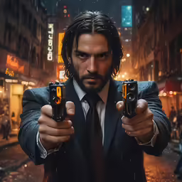 a person in a suit holding two revolvers on a city street