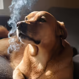 a close up of a dog near smoke