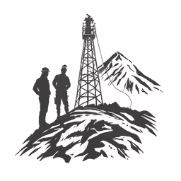 two men standing on top of a hill next to an oil rig