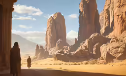 a man walking down a dirt road near a stone mountain