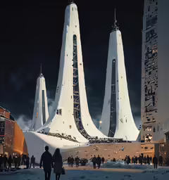 an art work featuring futuristic buildings at night