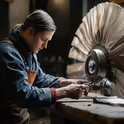 a woman is working with machinery in a workshop