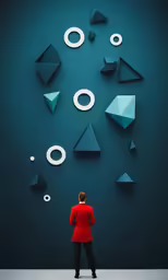 a woman stands in front of an artistic wall