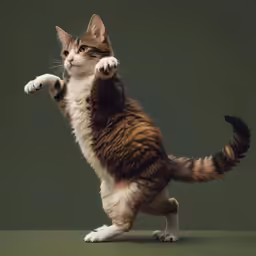 a cat jumps while standing on his hind legs