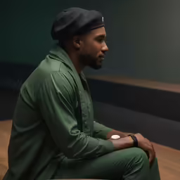 a man in a hat, green shirt, and dark pants sits down and stares away