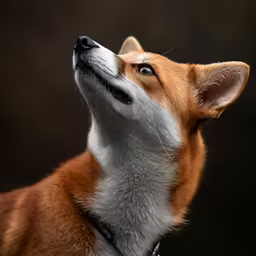 a brown and white dog with his head up