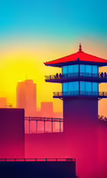 a photo of the sun setting over a tower