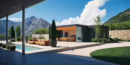 a house in the mountains is overlooking a pool