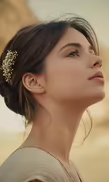a woman in an elegant dress poses with her hair comb in her hand