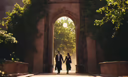an image of two people walking out of an arch
