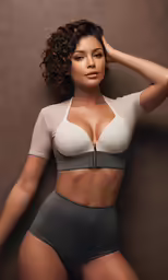 a woman in a underwear with a brown wall behind her