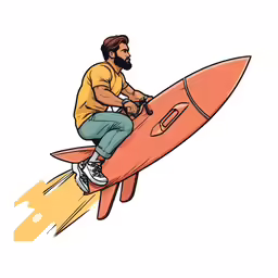 a man riding on the back of a orange rocket ship
