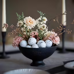 some flowers and eggs are in a black vase