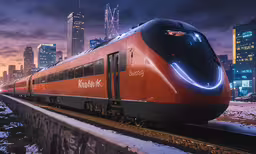 the city skyline is seen with an electric commuter train,a train sits on the tracks in a city