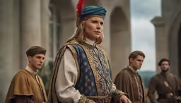 there are some men in historical clothes standing near a castle