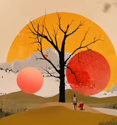 a man and woman standing next to each other under a large red sun,a person standing next to a tree in a field