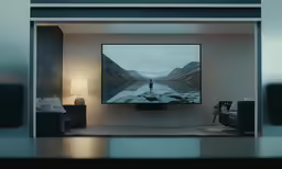 the wall is open with an tv and speakers in it