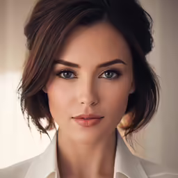 a woman with brown hair wearing a white shirt and necklace