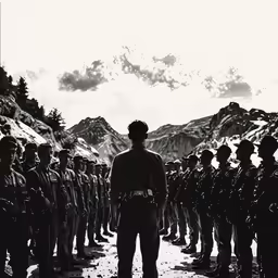 a group of people stand together and look away