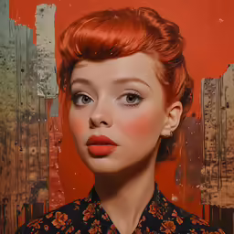 a woman with orange hair and lipstick looks directly at the camera