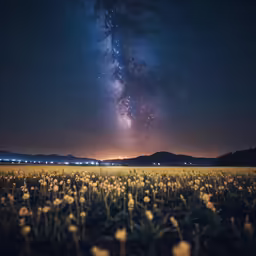 a grassy field with flowers in the foreground and a bright light up sky above it