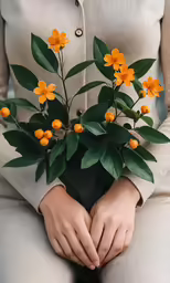 woman wearing a suit with flowers in her hands