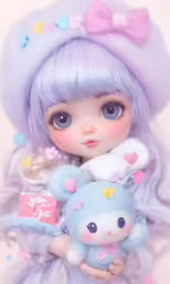 the doll is wearing a blue outfit and has a blue stuffed animal