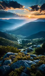 beautiful sunlit valley, with a river flowing through the valleys