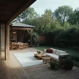 a couch and table on the outside deck