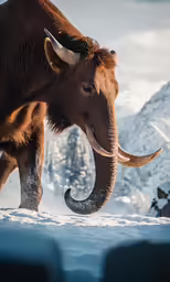 the woolly mammoth stands in front of the snowy mountains