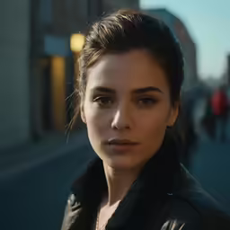 a woman wearing a black jacket standing in front of a building