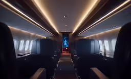 an airplane with rows of seats and a large projection