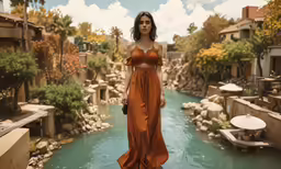 a woman in a long dress walking in front of a river
