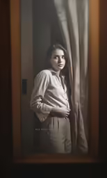 a woman looking out from behind the curtains
