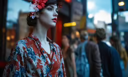 a lady in a red and white blouse wearing a flower in her hair